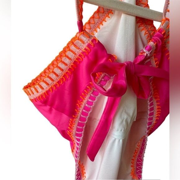 PQ Swim NWT Crochet Trim Halter Neck One Piece Swimsuit in Pink/Orange Size M - Picture 10 of 13